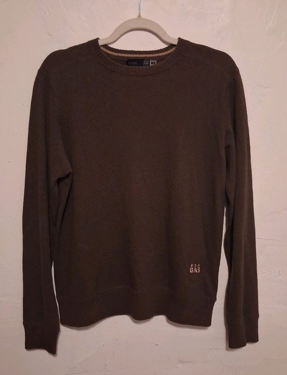 GAS Men's Brown Crew Neck Pullover Knit Sweater Wool/Cotton Lightweight Logo